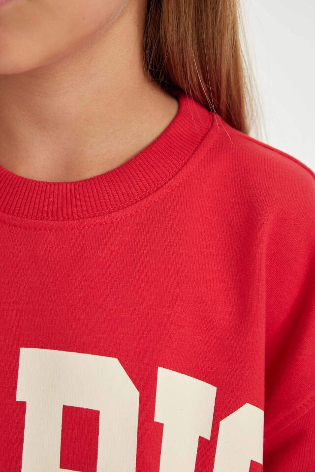 Kız Çocuk Kırmızı Relax Fit Bisiklet Yaka Baskılı Okul Sweatshirt