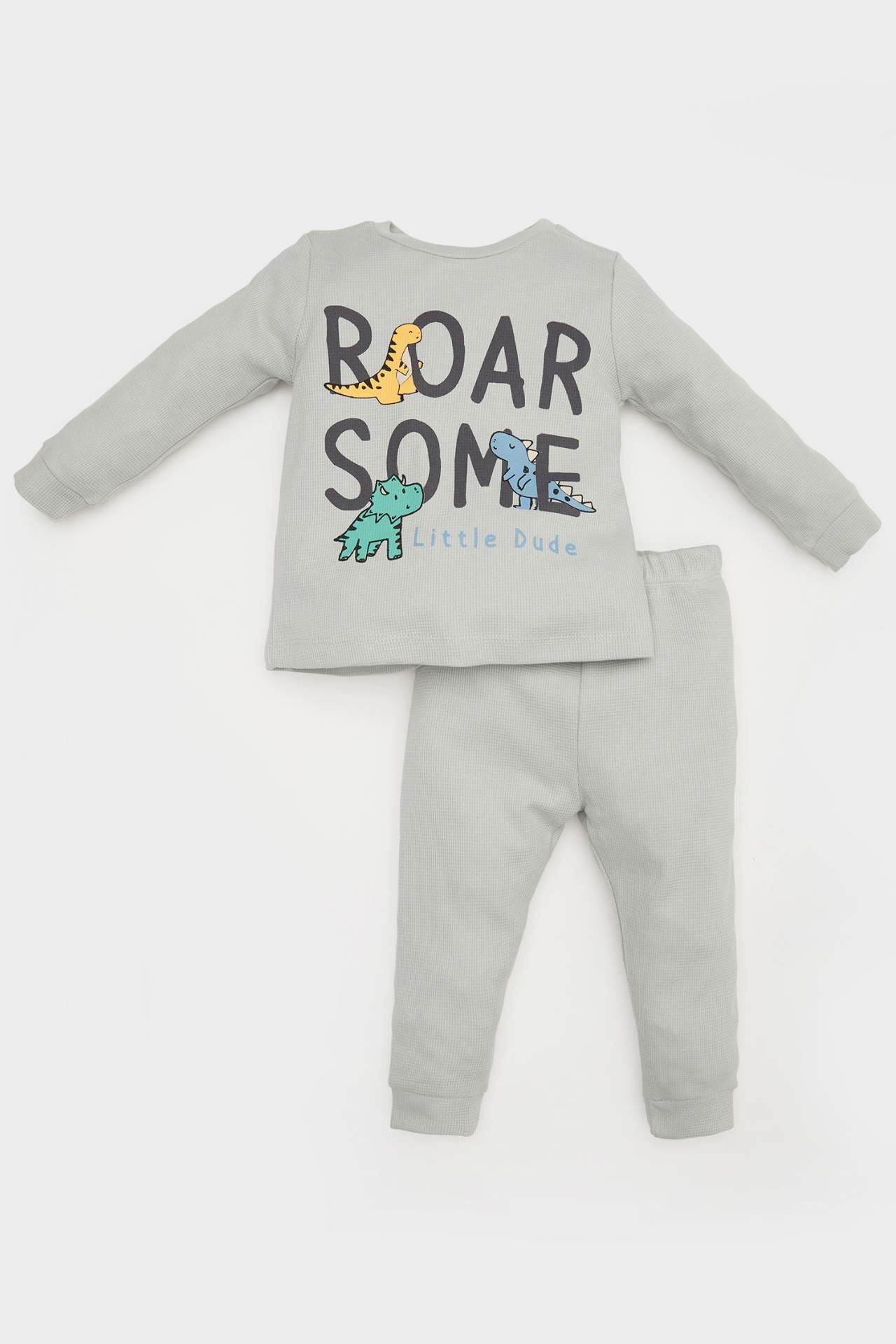 Erkek Bebek Pijama Takımı Dinazor Baskılı Waffle Uzun Kollu Üst Beli Lastikli Uzun Alt