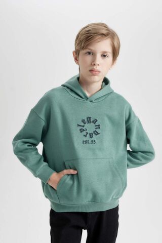 Erkek Çocuk Oversize Geniş Kalıp Kapüşonlu Cepli Kalın Sweatshirt