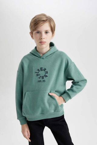 Erkek Çocuk Oversize Geniş Kalıp Kapüşonlu Cepli Kalın Sweatshirt