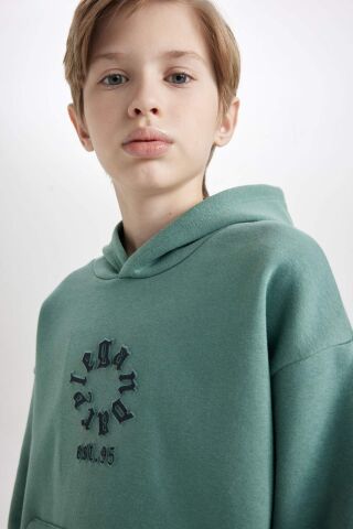 Erkek Çocuk Oversize Geniş Kalıp Kapüşonlu Cepli Kalın Sweatshirt