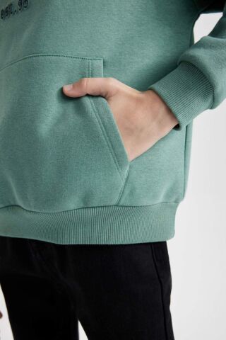 Erkek Çocuk Oversize Geniş Kalıp Kapüşonlu Cepli Kalın Sweatshirt