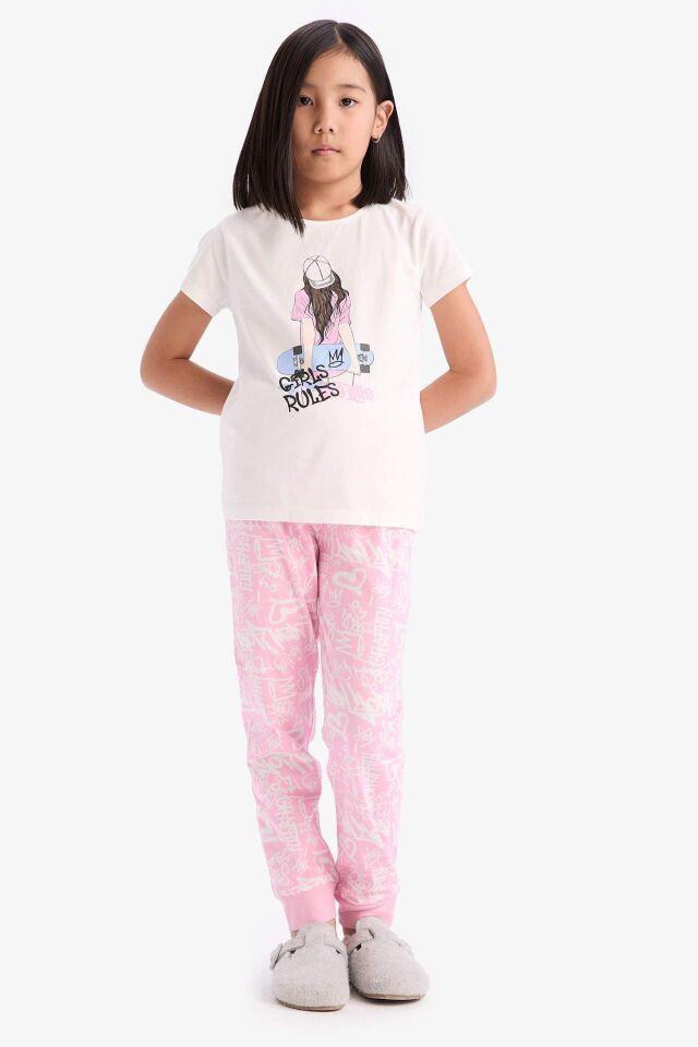 Kız Çocuk Pijama Takımı Bisiklet Yaka Baskılı Kısa Kollu Üst Uzun Alt