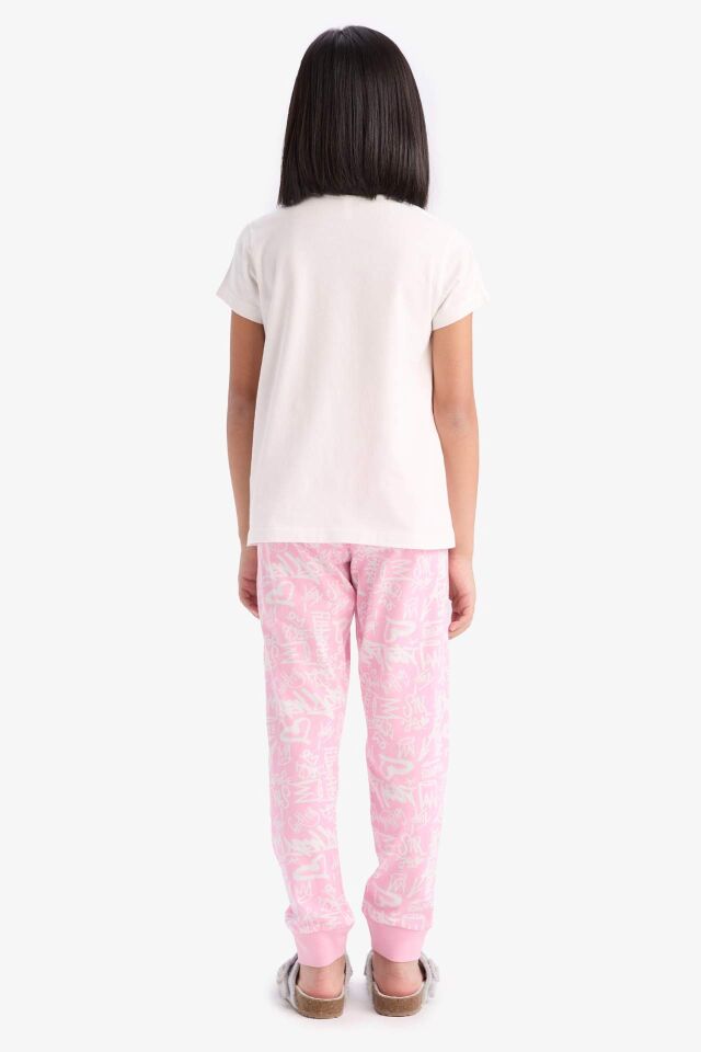 Kız Çocuk Pijama Takımı Bisiklet Yaka Baskılı Kısa Kollu Üst Uzun Alt