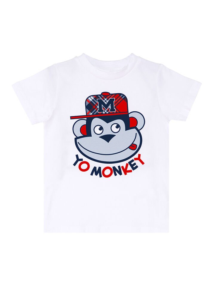 Monkey Ekose Erkek Çocuk T-shirt Şort Takım 2 Y - Kırmızı Beyaz Mavi
