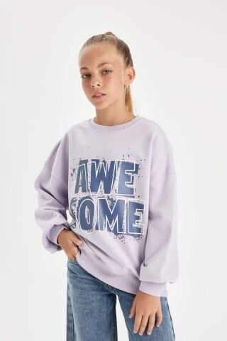 Kız Çocuk Oversize Geniş Kalıp Bisiklet Yaka Baskılı Sweatshirt