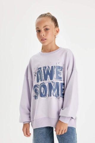 Kız Çocuk Oversize Geniş Kalıp Bisiklet Yaka Baskılı Sweatshirt