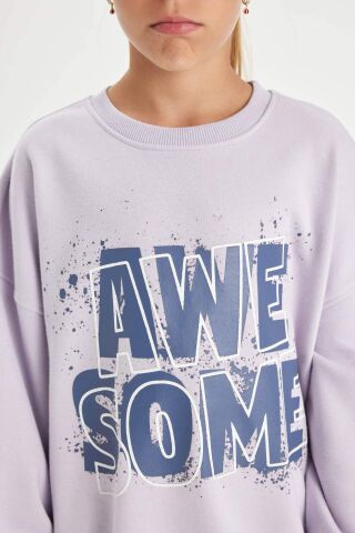 Kız Çocuk Oversize Geniş Kalıp Bisiklet Yaka Baskılı Sweatshirt