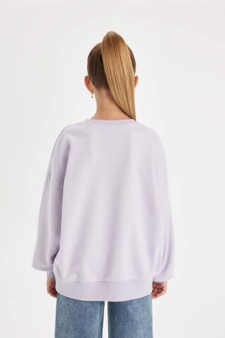 Kız Çocuk Oversize Geniş Kalıp Bisiklet Yaka Baskılı Sweatshirt