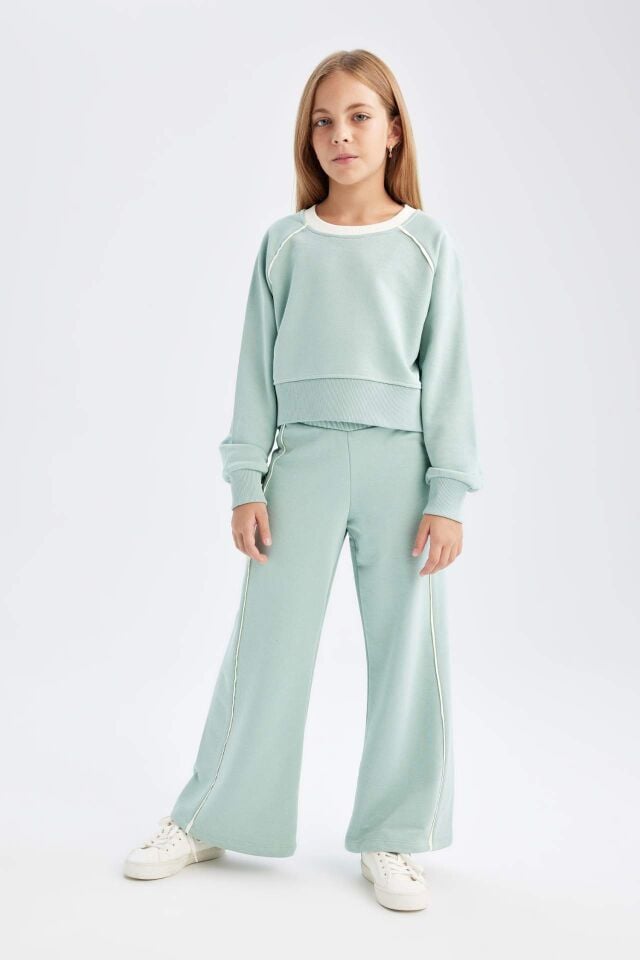 Kız Çocuk 2'li Takım Basic Düz Bisiklet Yaka Sweatshirt Üst Beli Lastikli Geniş Paça Eşofman Altı