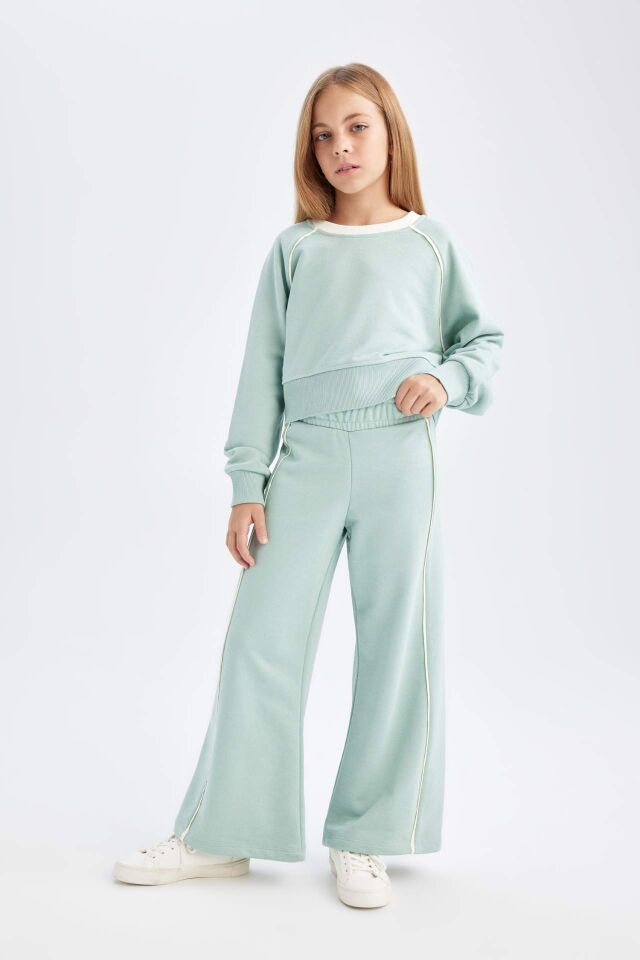 Kız Çocuk 2'li Takım Basic Düz Bisiklet Yaka Sweatshirt Üst Beli Lastikli Geniş Paça Eşofman Altı