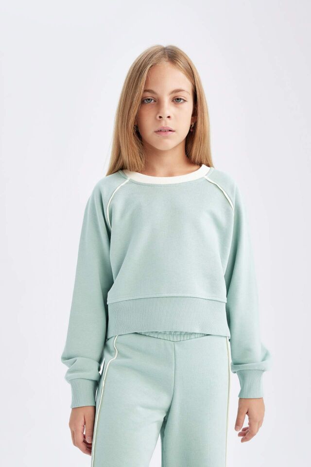 Kız Çocuk 2'li Takım Basic Düz Bisiklet Yaka Sweatshirt Üst Beli Lastikli Geniş Paça Eşofman Altı