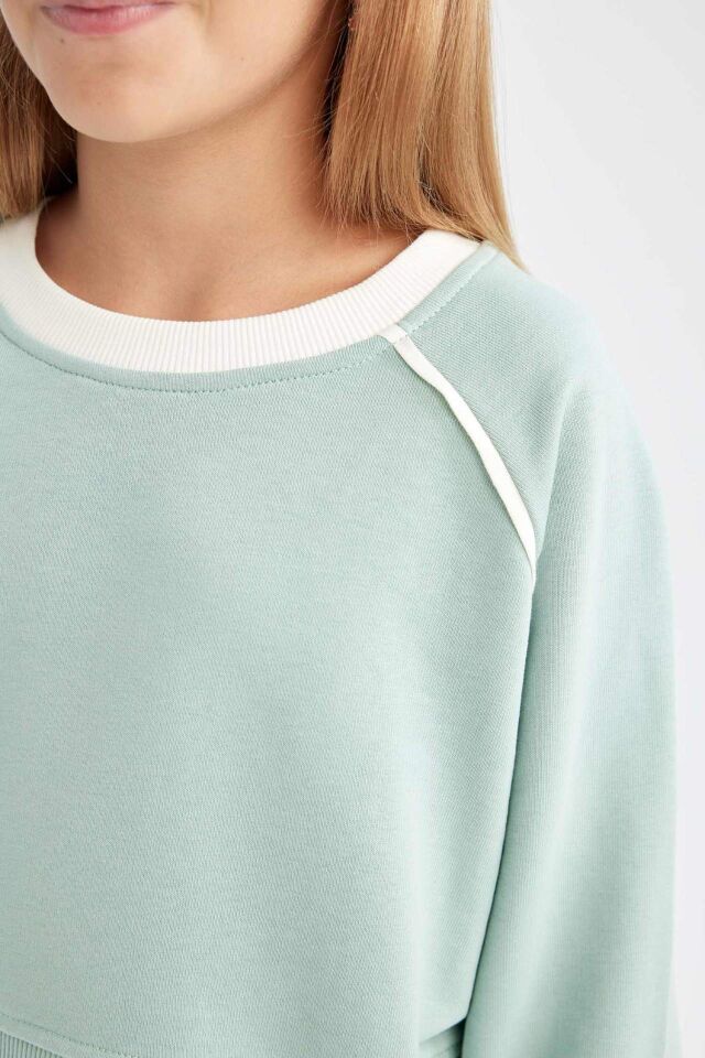 Kız Çocuk 2'li Takım Basic Düz Bisiklet Yaka Sweatshirt Üst Beli Lastikli Geniş Paça Eşofman Altı