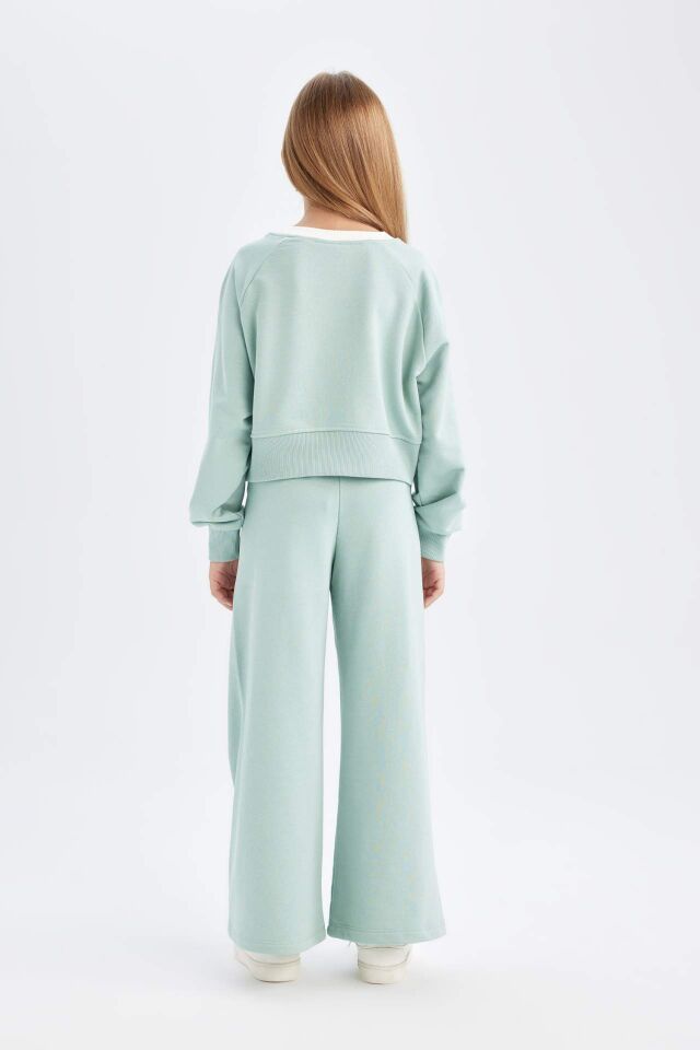 Kız Çocuk 2'li Takım Basic Düz Bisiklet Yaka Sweatshirt Üst Beli Lastikli Geniş Paça Eşofman Altı