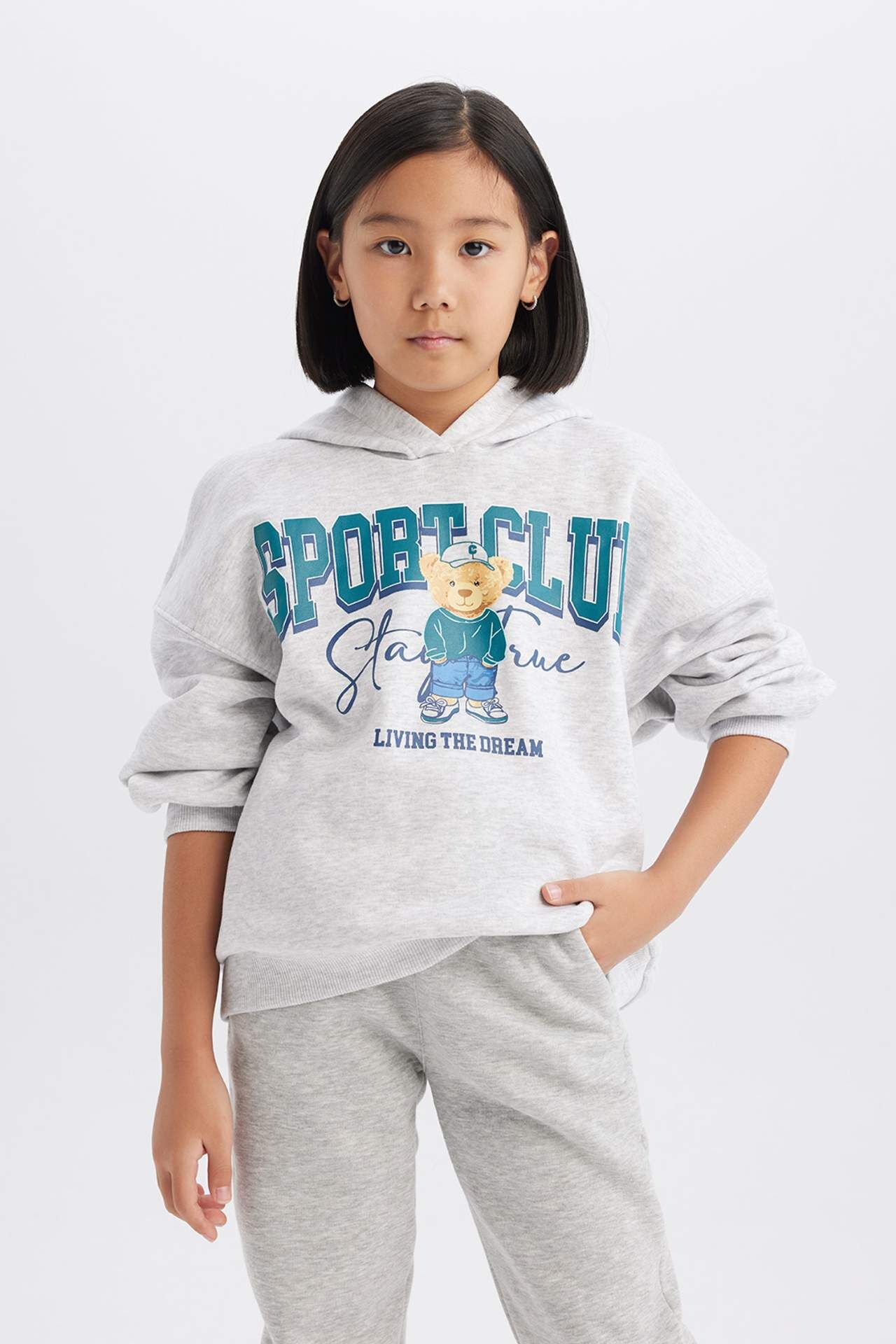 Kız Çocuk Oversize Geniş Kalıp Kapüşonlu Baskılı Sweatshirt