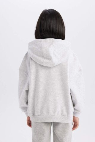 Kız Çocuk Oversize Geniş Kalıp Kapüşonlu Baskılı Sweatshirt