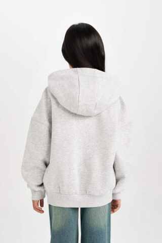 Kız Çocuk Oversize Geniş Kalıp Kapüşonlu Baskılı Sweatshirt