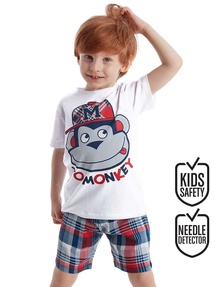Monkey Ekose Erkek Çocuk T-shirt Şort Takım 3 Y - Kırmızı Beyaz Mavi
