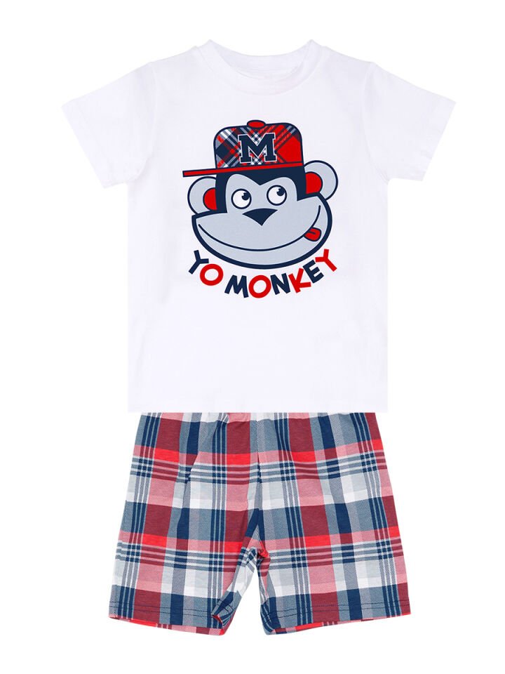 Monkey Ekose Erkek Çocuk T-shirt Şort Takım 3 Y - Kırmızı Beyaz Mavi
