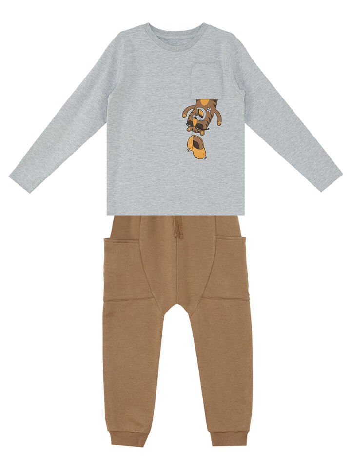 Cepte Kaplan Erkek Çocuk T-shirt Pantolon Takım 3 Y - Gri