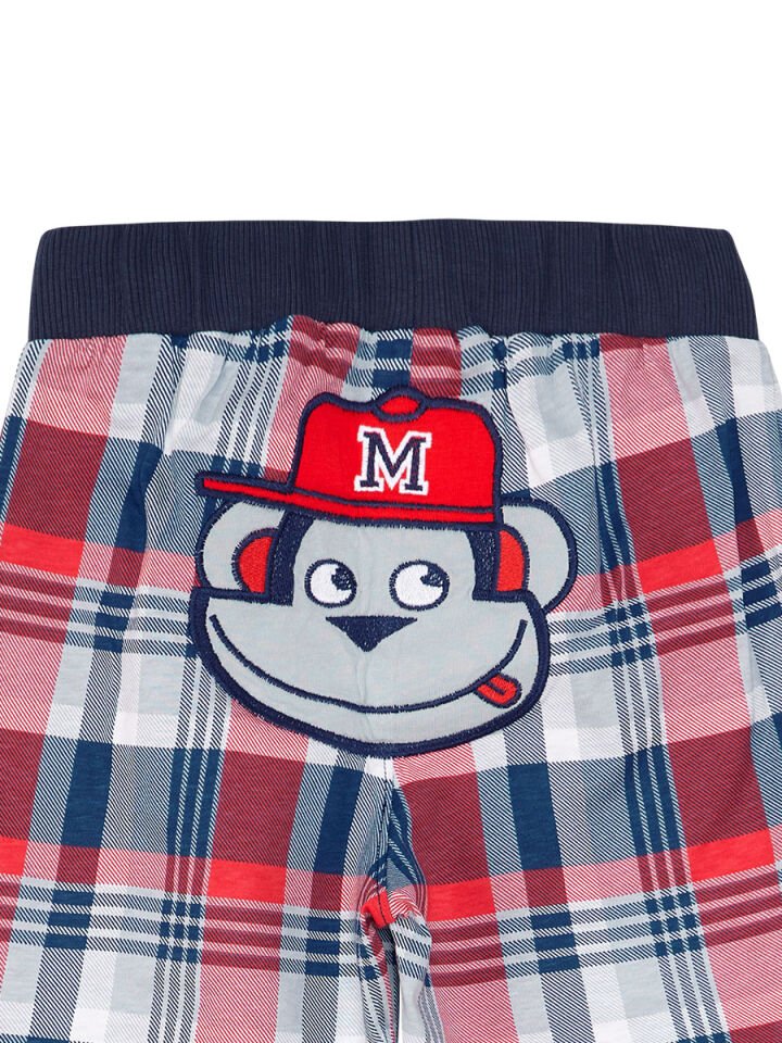 Monkey Ekose Erkek Çocuk T-shirt Şort Takım 4 Y - Kırmızı Beyaz Mavi