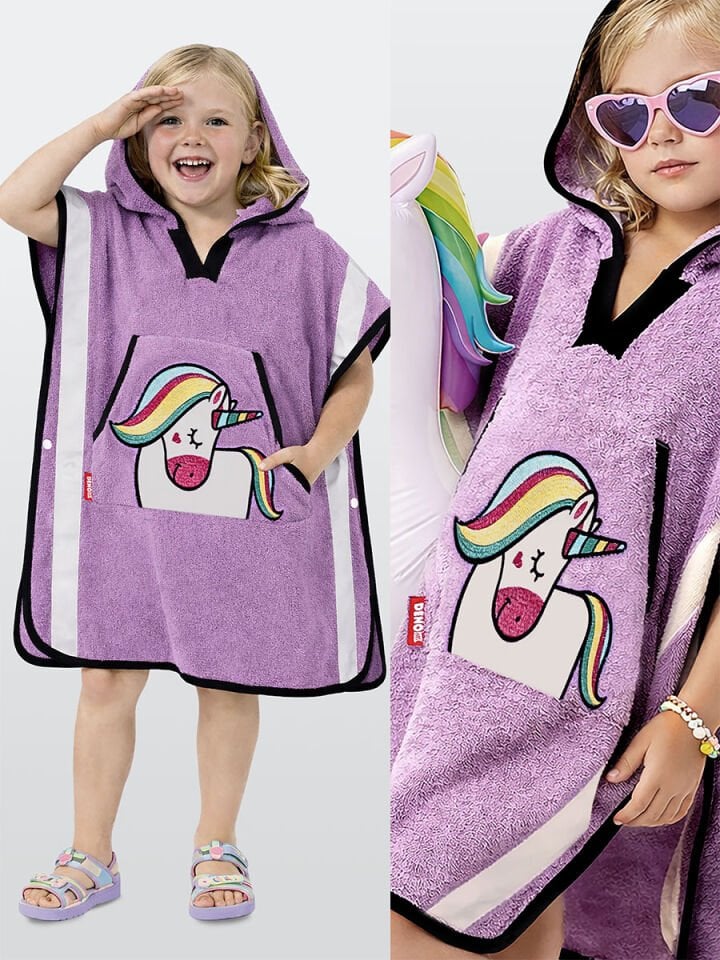 Lila Unicorn Kız Çocuk Panço Bornoz