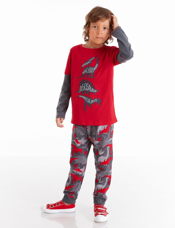 Dino Çetesi Erkek Çocuk T-shirt Pantolon Takım 8 Y - Kırmızı, Gri