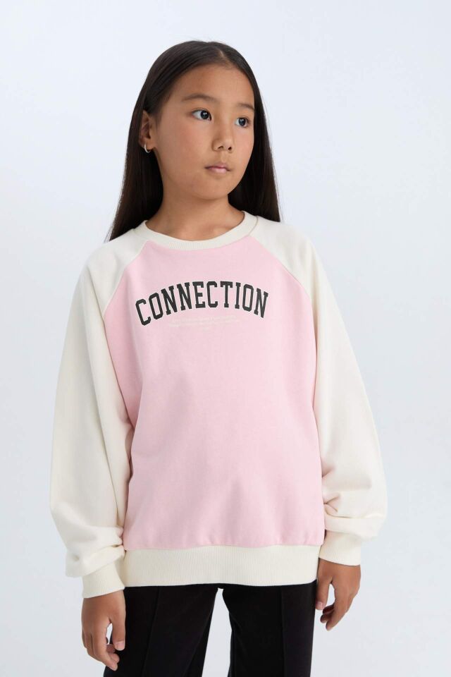 Kız Çocuk Relax Fit Bisiklet Yaka Baskılı Sweatshirt