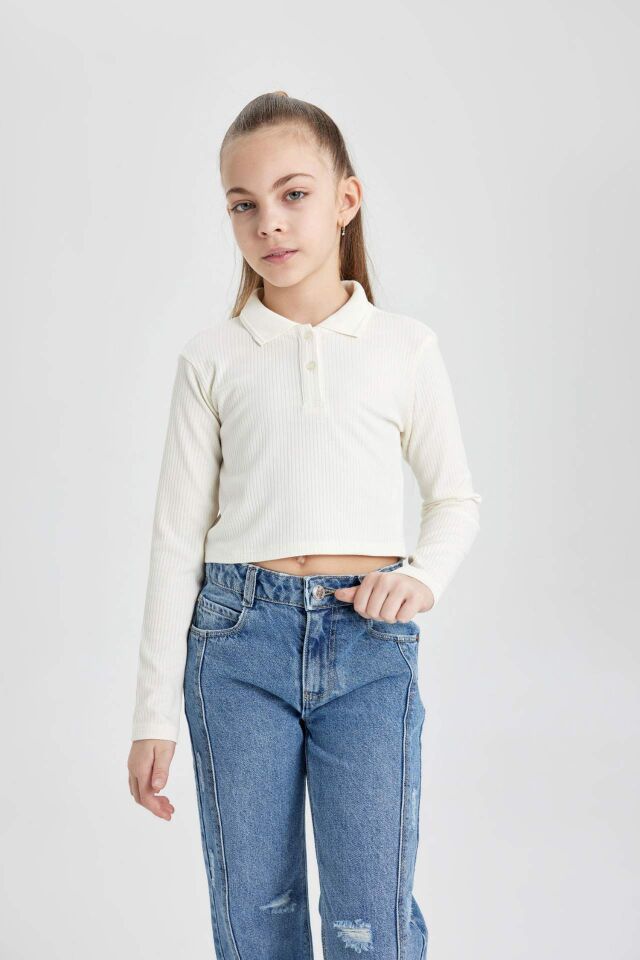 Kız Çocuk Ribana Uzun Kollu Basic Düz Polo Tişört