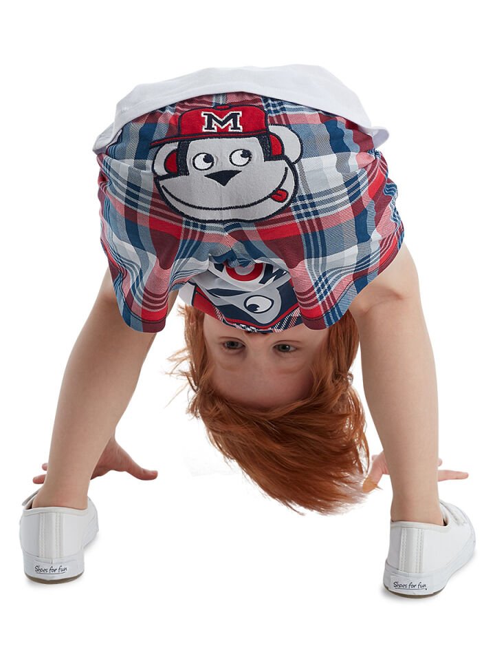 Monkey Ekose Erkek Çocuk T-shirt Şort Takım 7 Y - Kırmızı Beyaz Mavi