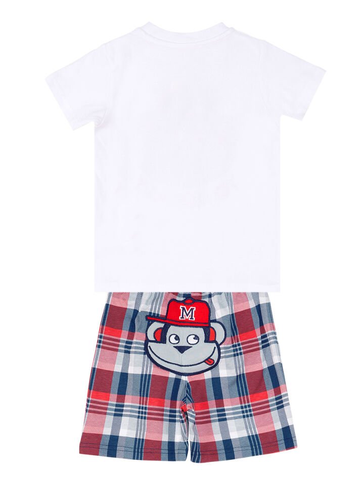 Monkey Ekose Erkek Çocuk T-shirt Şort Takım 7 Y - Kırmızı Beyaz Mavi