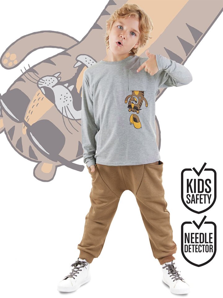 Cepte Kaplan Erkek Çocuk T-shirt Pantolon Takım 6 Y - Gri