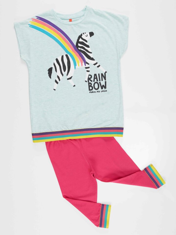 Rainbow Zebra Kız Çocuk T-shirt Tayt Takım 8 Y - Mavi Pembe