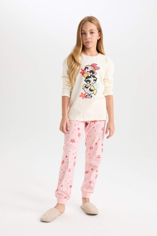 Kız Çocuk Pijama Takımı PowerPuff Girls Uzun Kollu Üst Desenli Beli Lastikli Uzun Alt