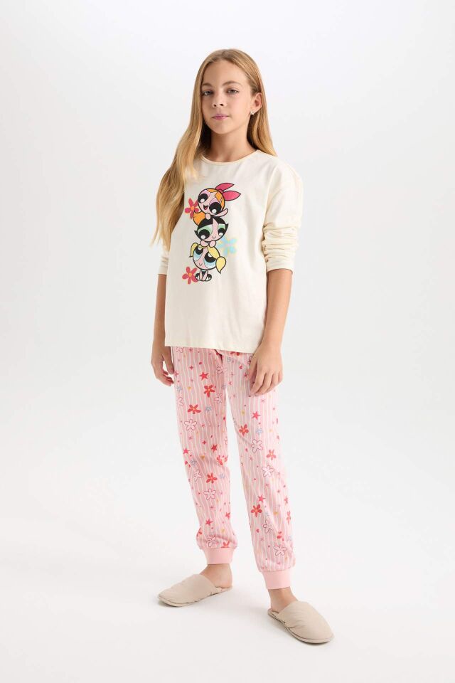 Kız Çocuk Pijama Takımı PowerPuff Girls Uzun Kollu Üst Desenli Beli Lastikli Uzun Alt