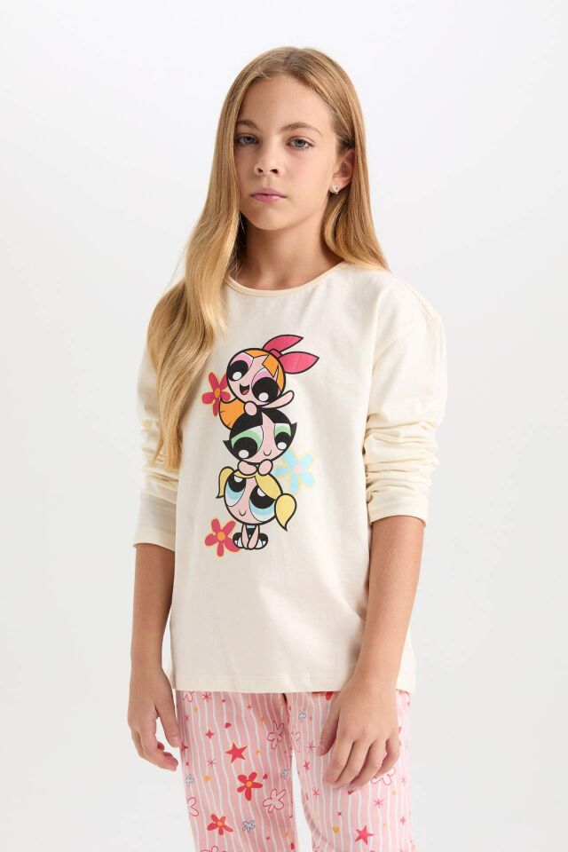 Kız Çocuk Pijama Takımı PowerPuff Girls Uzun Kollu Üst Desenli Beli Lastikli Uzun Alt