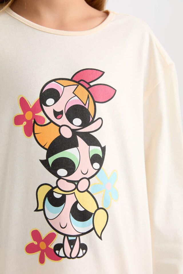 Kız Çocuk Pijama Takımı PowerPuff Girls Uzun Kollu Üst Desenli Beli Lastikli Uzun Alt