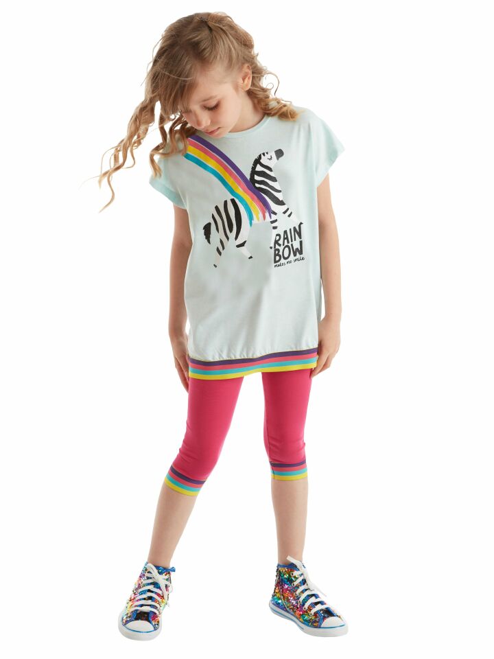 Rainbow Zebra Kız Çocuk T-shirt Tayt Takım 9 Y - Mavi Pembe