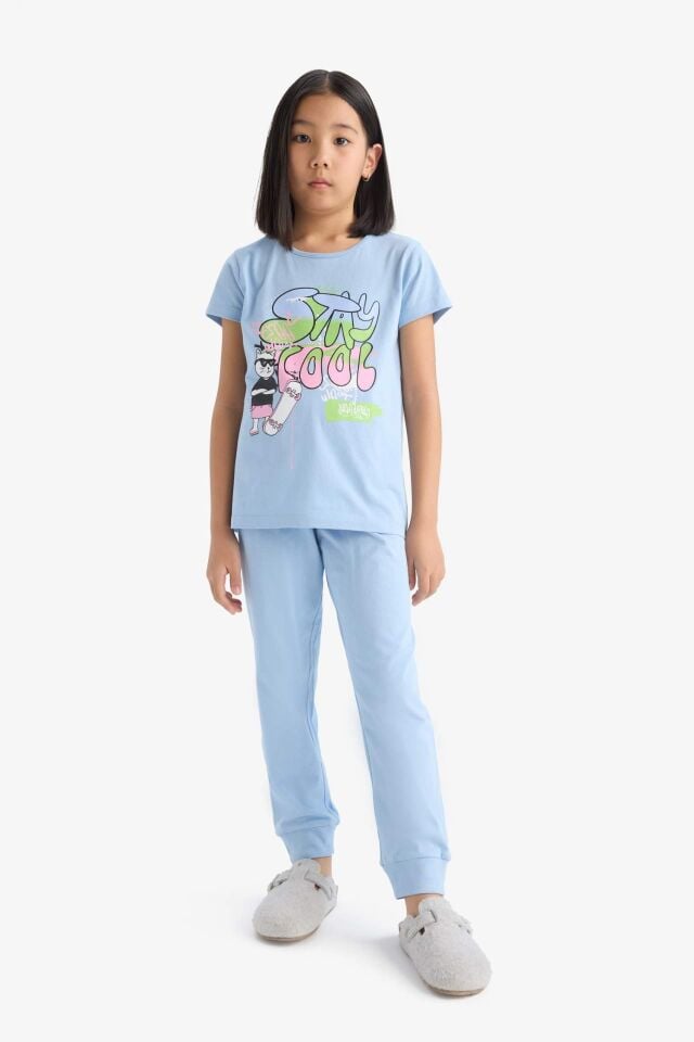 Kız Çocuk Pijama Takımı Kısa Kollu Baskılı Üst Esnek Belli Uzun Alt