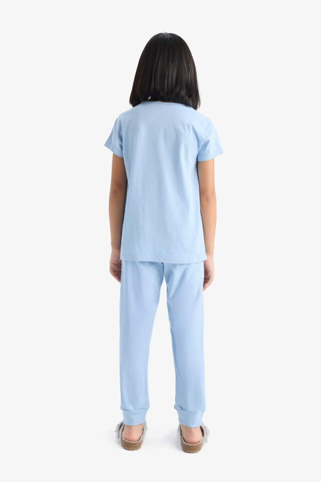 Kız Çocuk Pijama Takımı Kısa Kollu Baskılı Üst Esnek Belli Uzun Alt