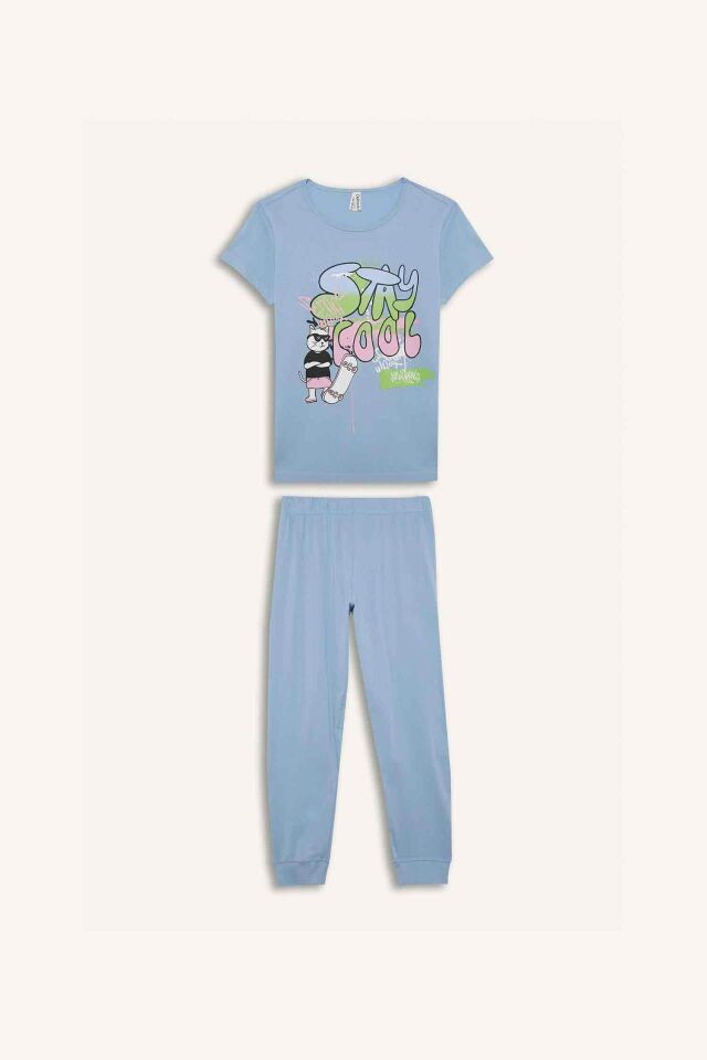 Kız Çocuk Pijama Takımı Kısa Kollu Baskılı Üst Esnek Belli Uzun Alt