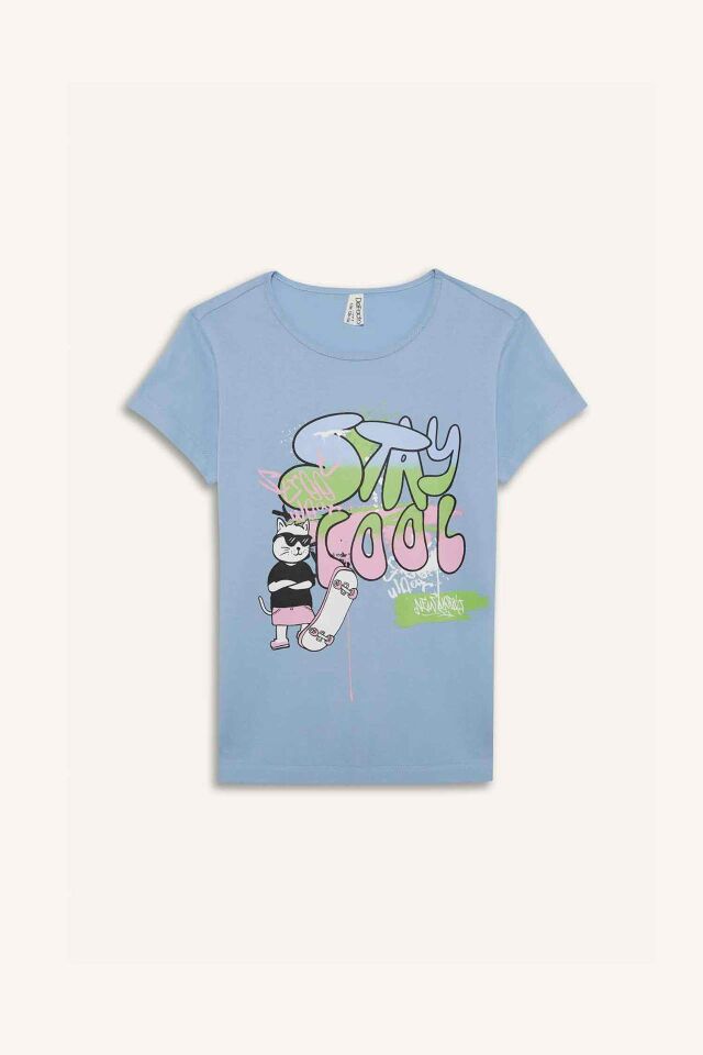 Kız Çocuk Pijama Takımı Kısa Kollu Baskılı Üst Esnek Belli Uzun Alt