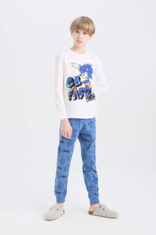 Erkek Çocuk Pijama Takımı Sonic the Hedgehog Bisiklet Yaka Uzun Kollu Tişört Uzun Alt