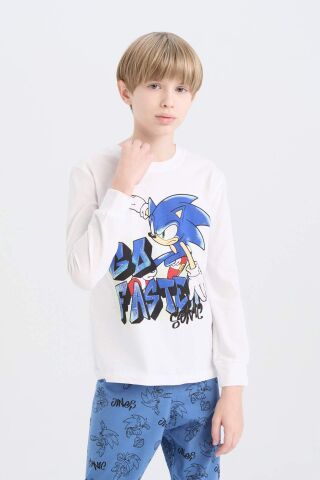 Erkek Çocuk Pijama Takımı Sonic the Hedgehog Bisiklet Yaka Uzun Kollu Tişört Uzun Alt