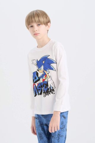 Erkek Çocuk Pijama Takımı Sonic the Hedgehog Bisiklet Yaka Uzun Kollu Tişört Uzun Alt