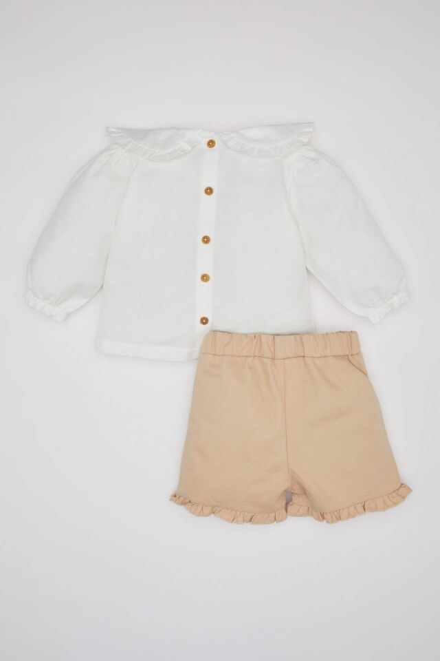 Kız Bebek 3'lü Takım Twill Kumaş Şort Uzun Kolu Bluz Külotlu Çorap