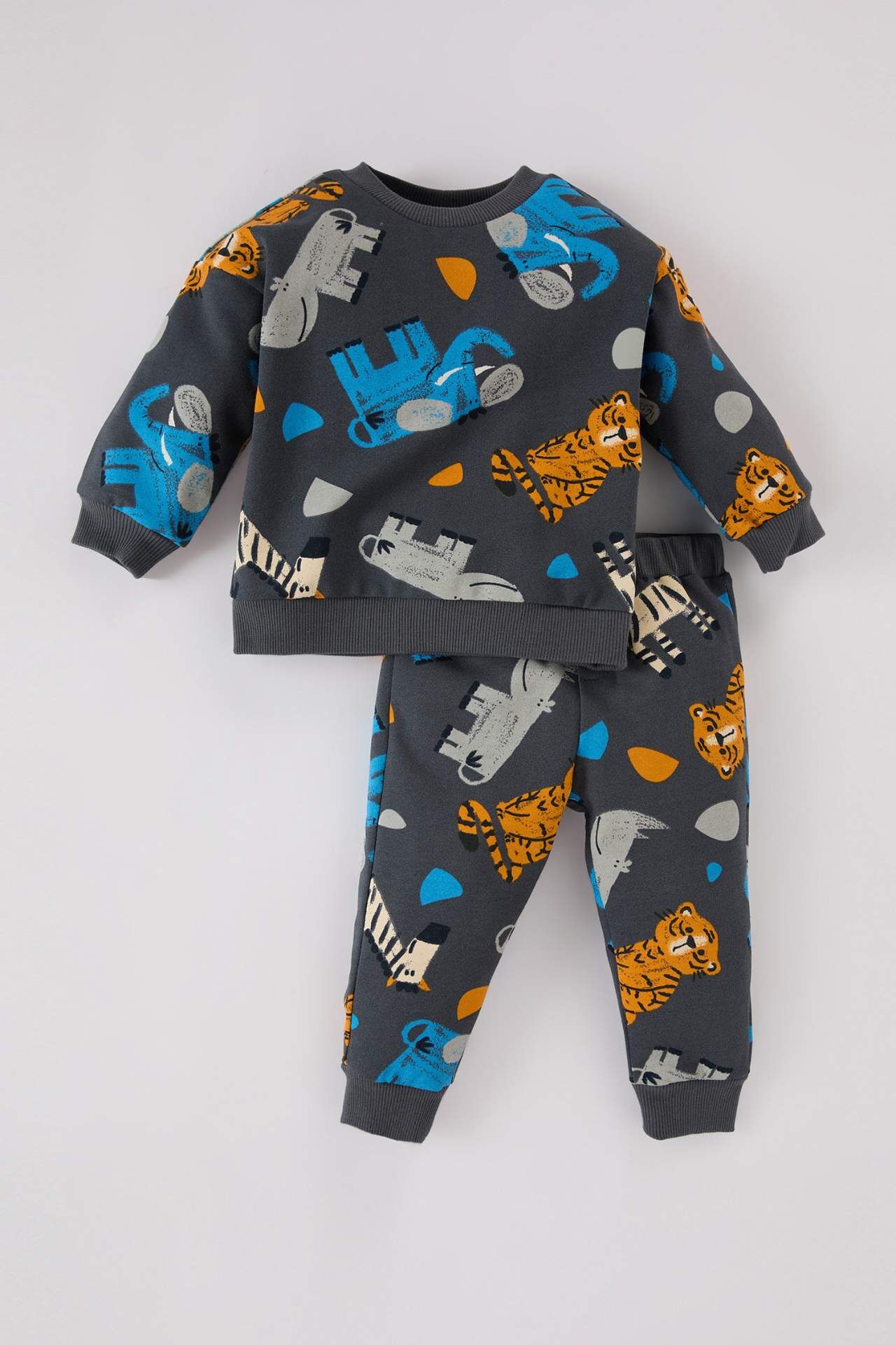 Erkek Bebek 2'li Takım Bisiklet Yaka Hayvan Desenli Sweatshirt Beli Lastikli Alt