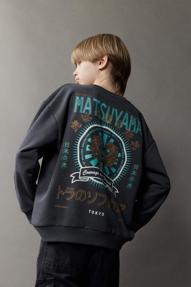 Erkek Çocuk Oversize Geniş Kalıp Bisiklet Yaka Sırt Baskılı Sweatshirt