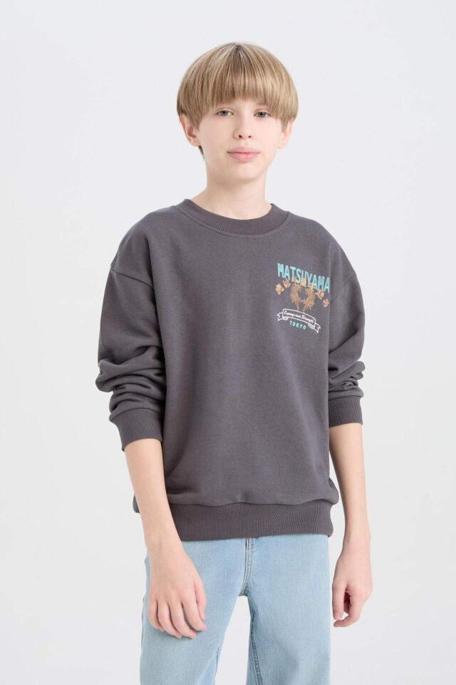 Erkek Çocuk Oversize Geniş Kalıp Bisiklet Yaka Sırt Baskılı Sweatshirt