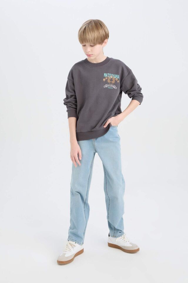 Erkek Çocuk Oversize Geniş Kalıp Bisiklet Yaka Sırt Baskılı Sweatshirt